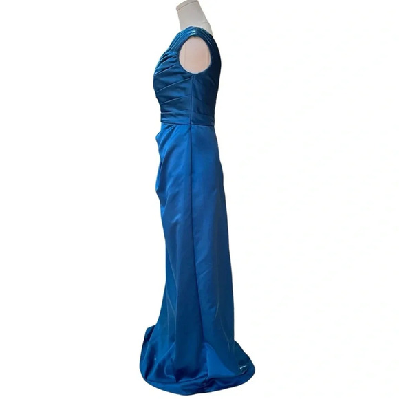 Mori Lee by Madeline Gardner NWT Blue Satin One-Shoulder Gown w/Ruched Bodice S6 - Picture 6 of 12